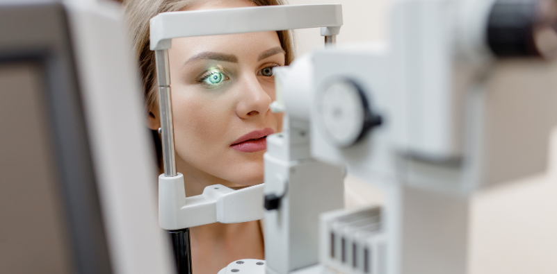 A woman during an eye test at the opticians.